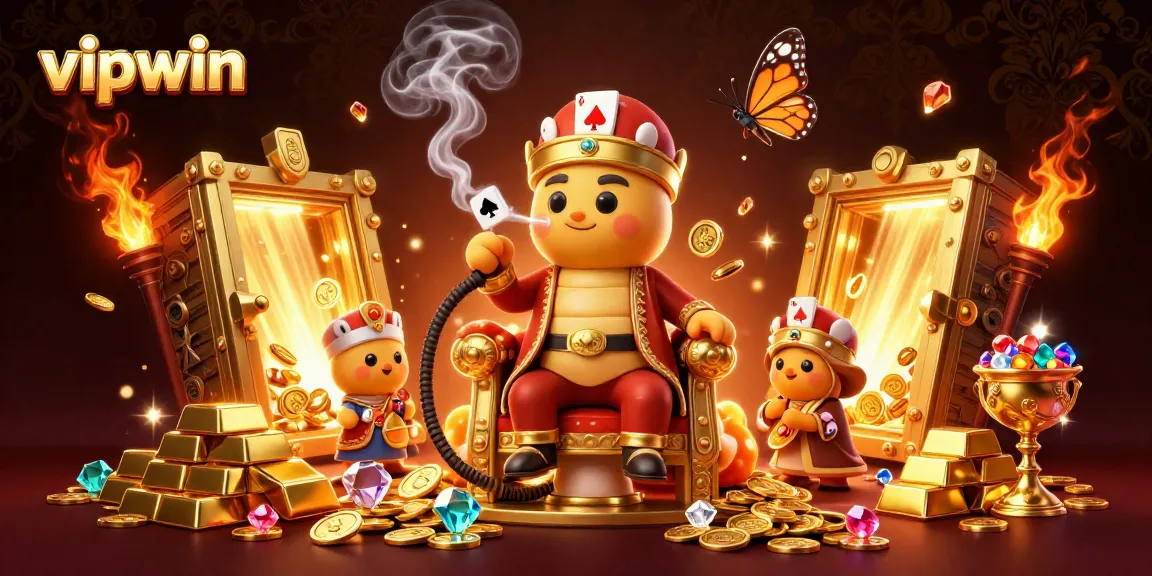 Experience the excitement of vipwin with a unique 3D casino illustration featuring a regal hookah-master and shimmering treasures.