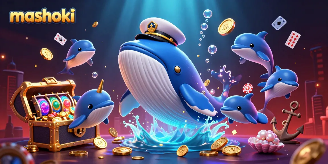 Mashoki whales and dolphins sparkle as they engage in lively slots action with treasure and poker chips.