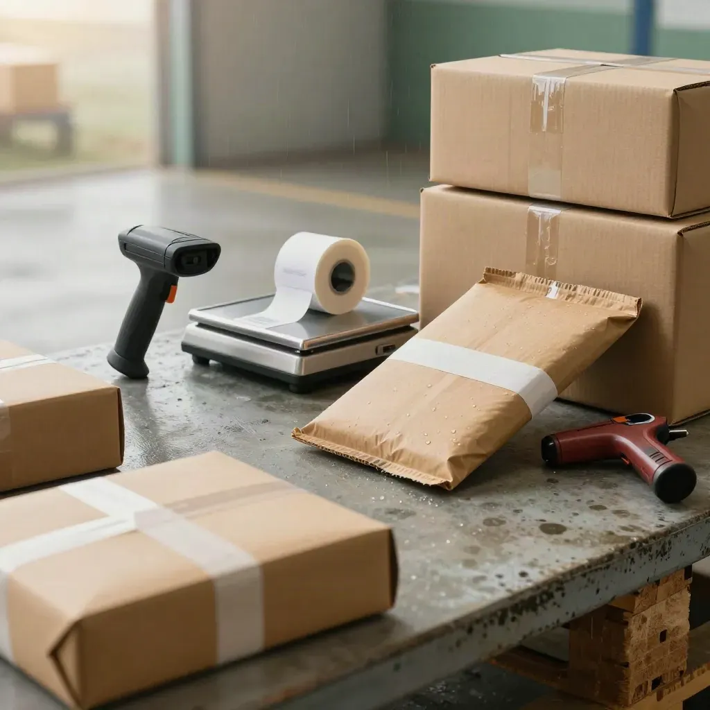 Warehouse packing still life with scanner, scale, mailers and boxes in soft rain-lit bay.