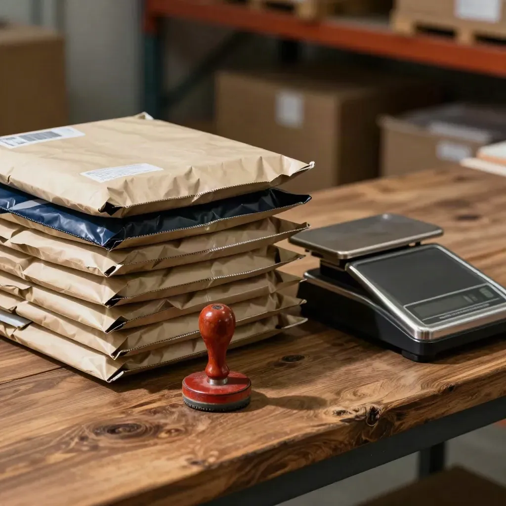 Poly mailers, stamp, and shipping scale on a walnut packing bench in dramatic light.