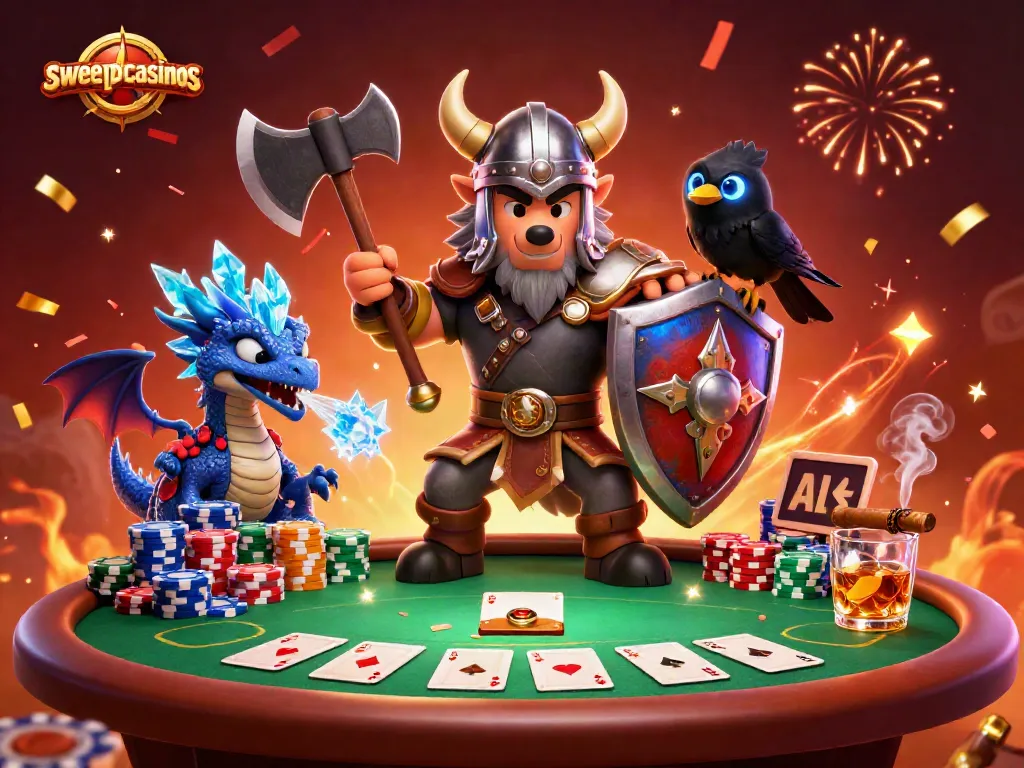 Unleash your luck with sweepscasinos, featuring Viking wolf warrior, dragon, and poker elements.