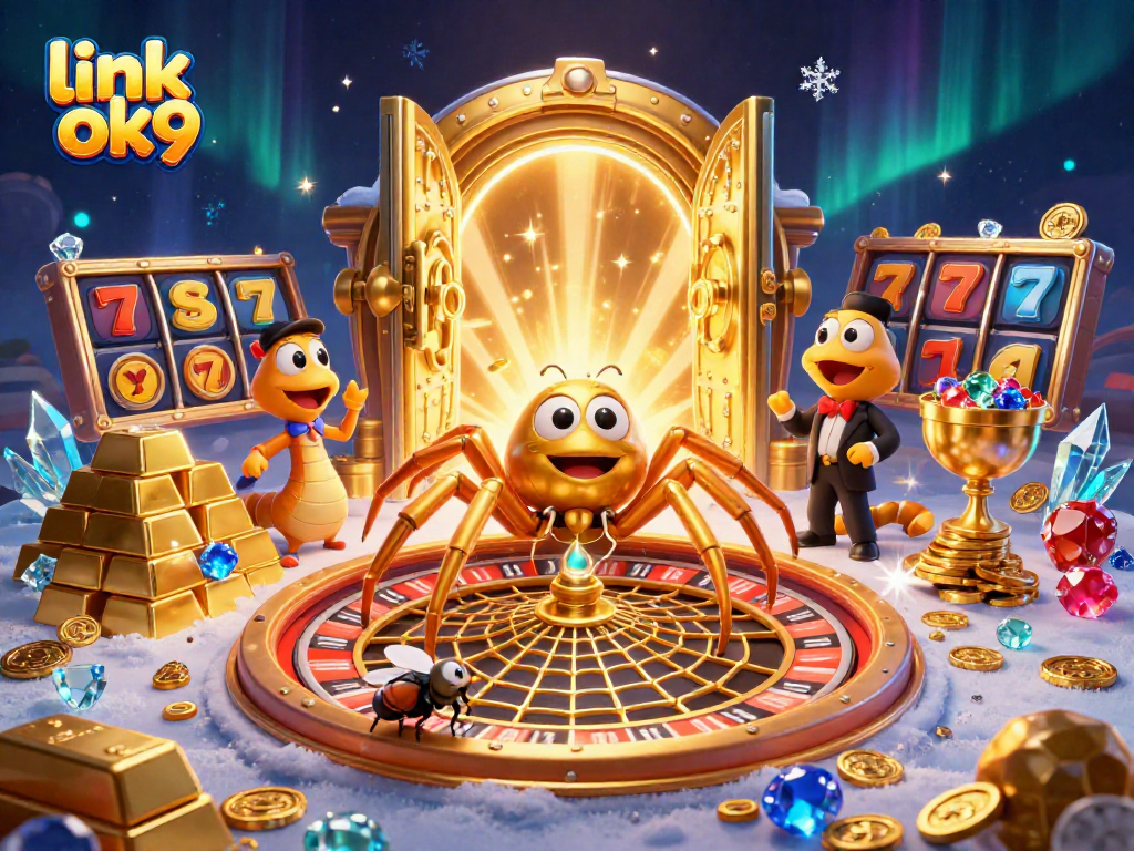 Bet on link ok9 with a 3D cartoon spider and croupier spinning a roulette web