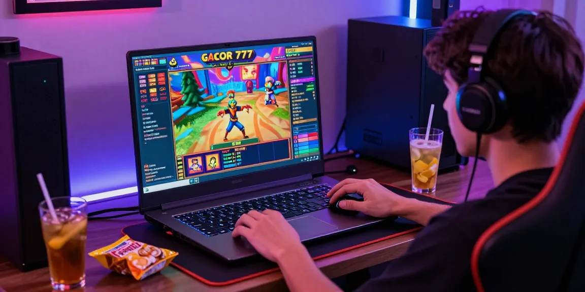 Player enjoying slot gacor 777 on a laptop in a vibrant gaming setup, with colorful visuals and engaging atmosphere.