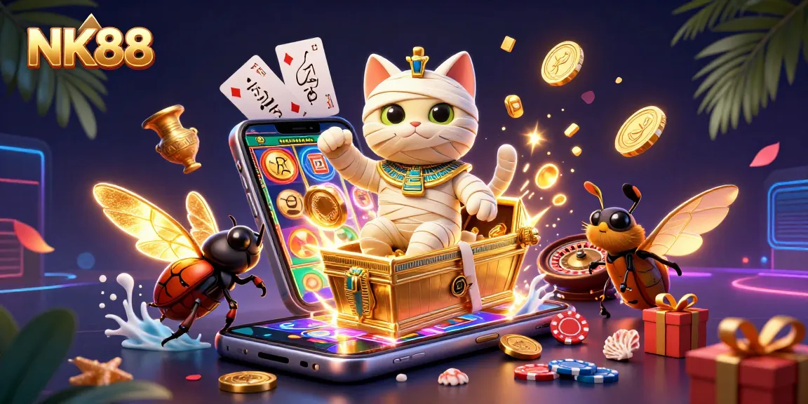 NK88 offers thrilling gaming with a mummy cat and glowing scarab in a vibrant casino scene.