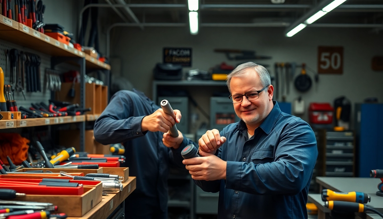 Un técnico utiliza herramientas FACOM España en un taller, destacando su precisión y calidad.