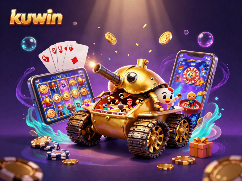 Kuwin's vibrant 3D casino scene bursting with excitement, showcasing a golden beetle tank and slot game action.