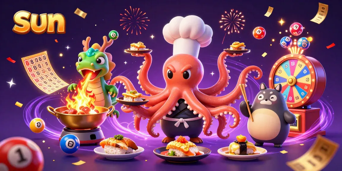 Sun-inspired casino scene showcasing a vibrant lottery game with colorful balls, festive characters, and dynamic elements.
