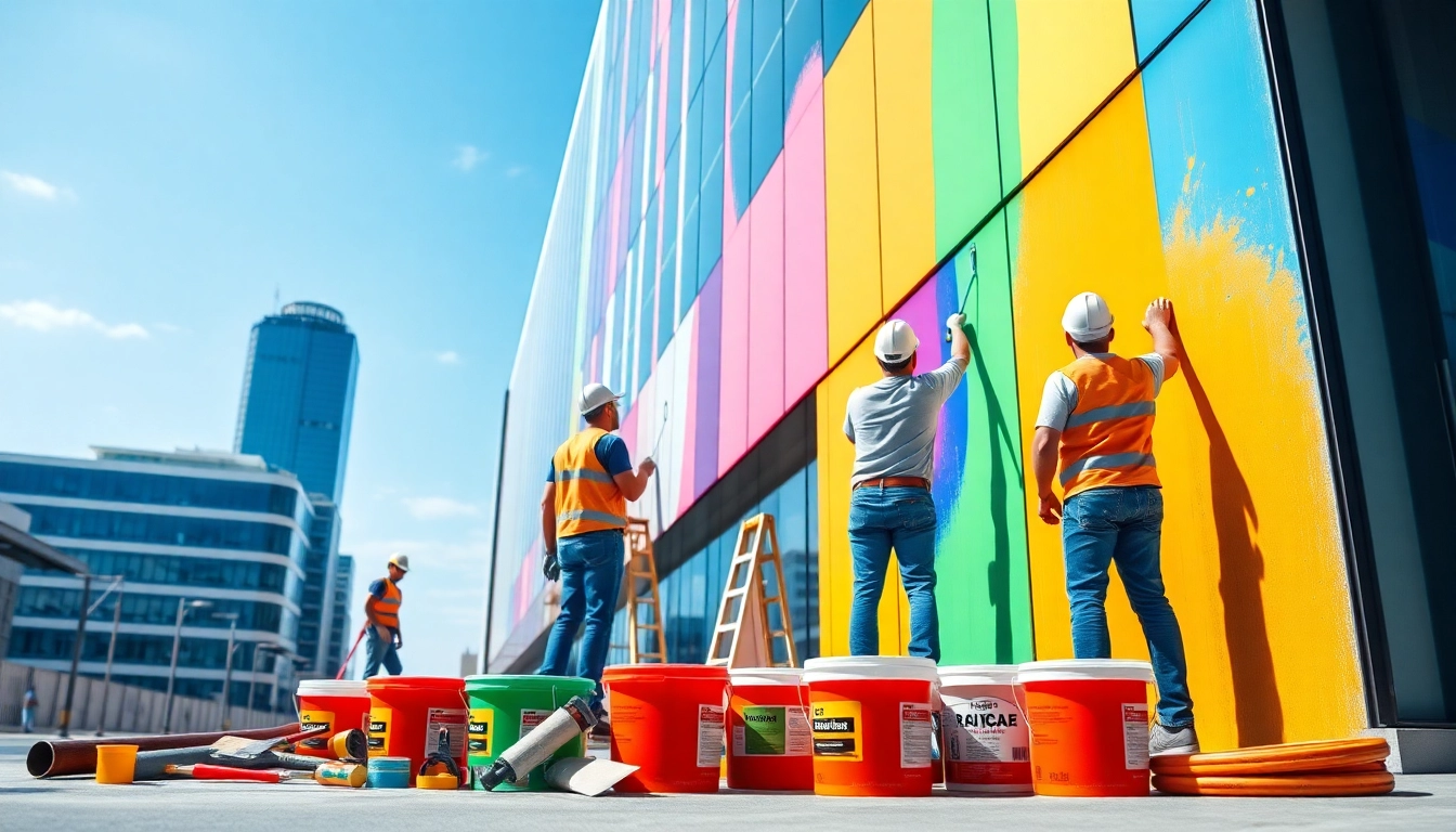 Commercial paint contractor actively painting a modern building, illustrating professionalism and craftsmanship.