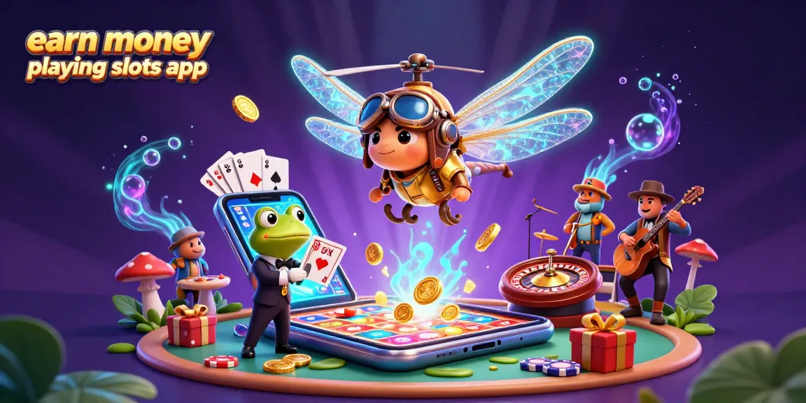 Win using the earn money playing slots app in this vibrant 3D casino scene with unique characters.