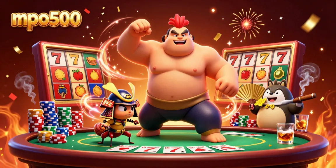 Spin to win with mpo500's vibrant 3D scene of animated gaming characters and slot machines.