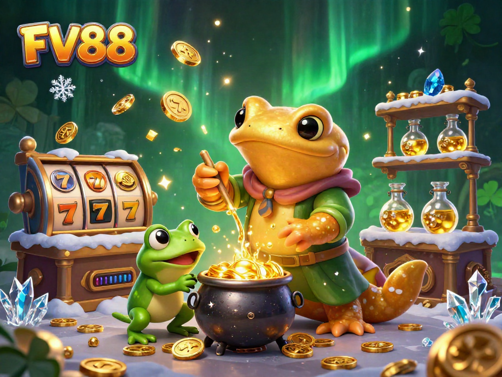Engage with FV88 as the golden salamander transforms base metals into jackpot riches in this vibrant casino scene.