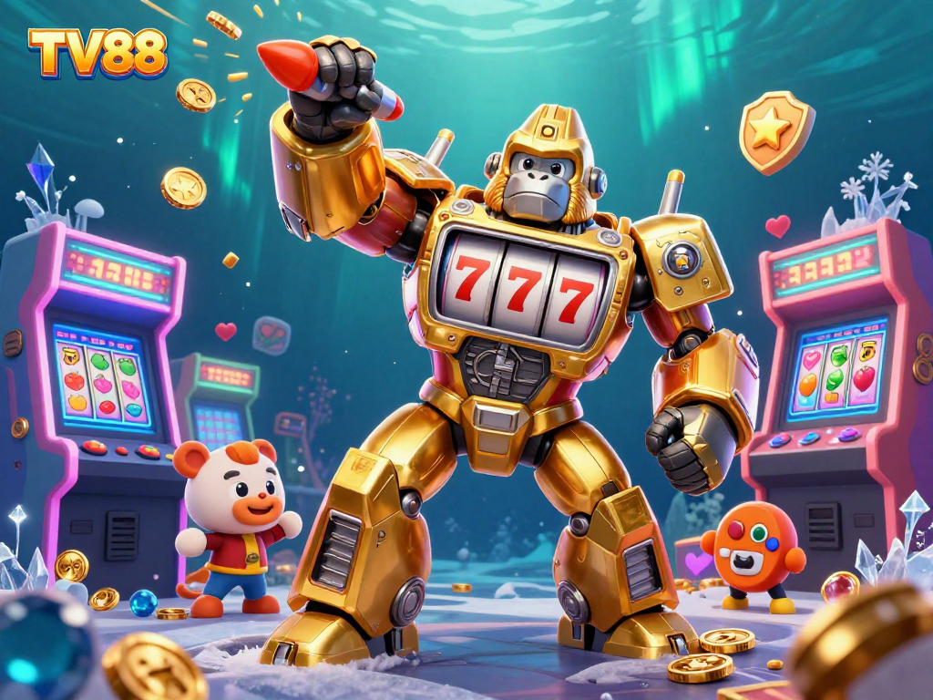 Experience slots and jackpots at TV88 with this vibrant 3D illustration featuring casino elements.