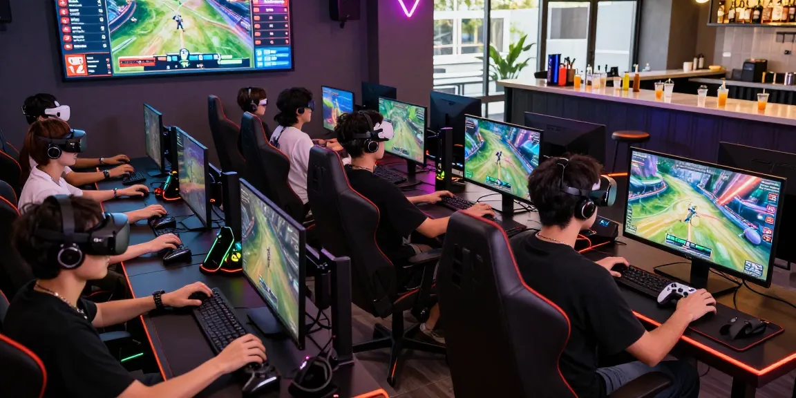 Youth enjoying competitive gaming at Cika4D, showcasing modern sports video games in a vibrant lounge.