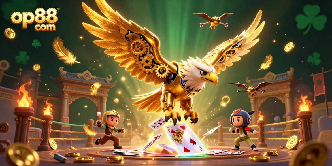 Experience vibrant gaming action at op88 com with this dynamic 3D digital illustration showcasing a cybernetic eagle amidst a cascade of playing cards.