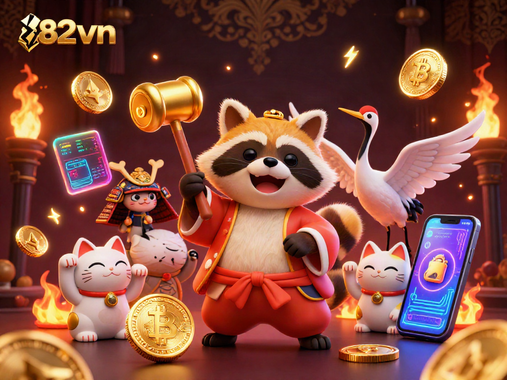 Spin the reels at 82vn with cheerful tanuki and samurai crane in a vibrant casino scene.