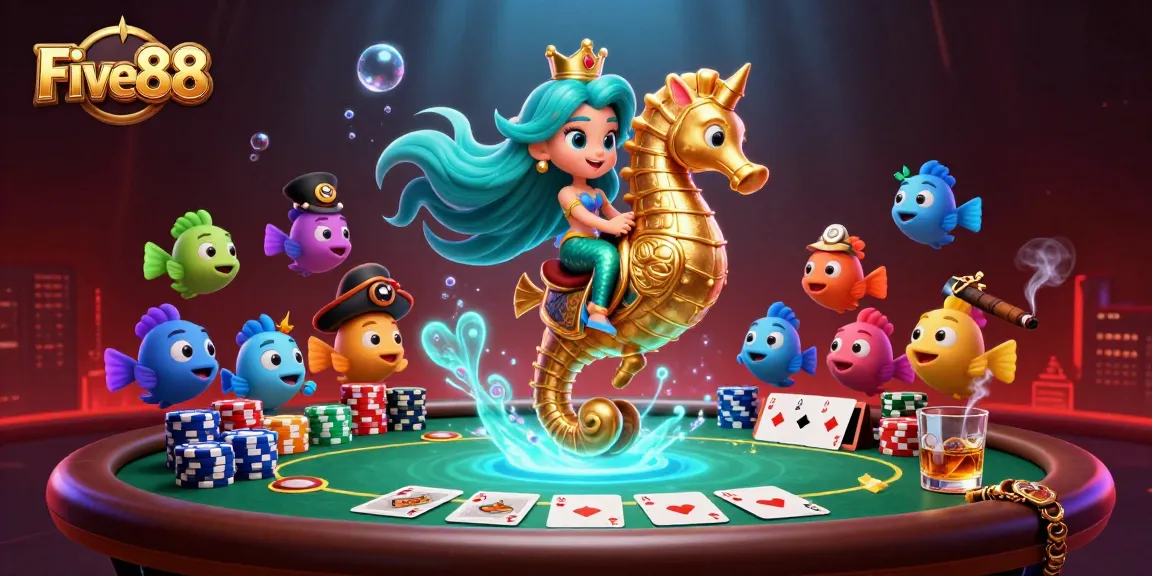 Immerse in Five88's underwater casino adventure featuring a mermaid and poker elements.