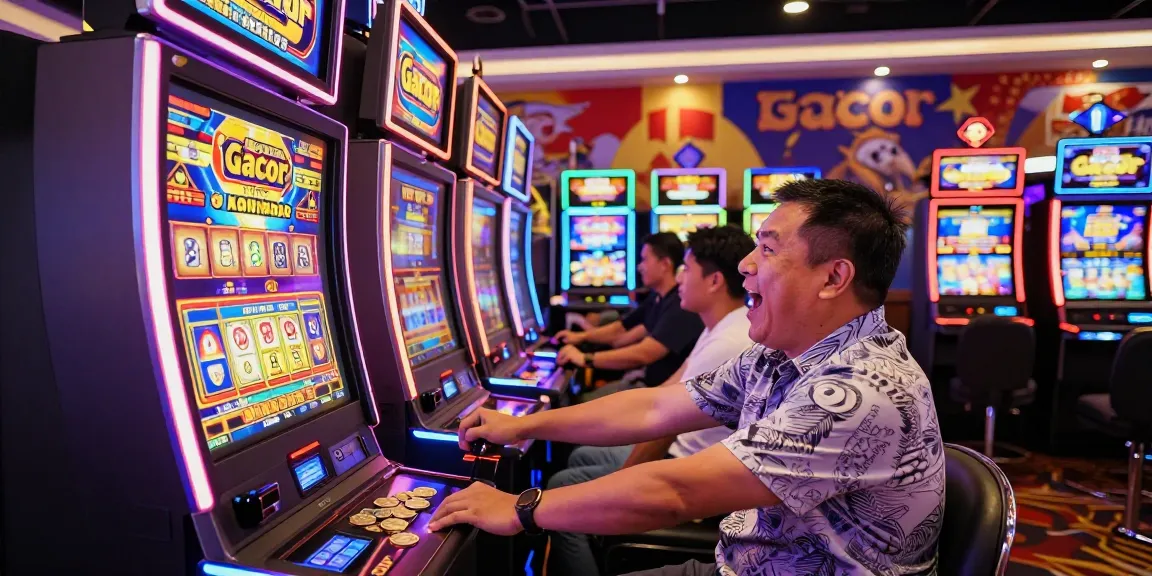 Enthusiastic player at slot gacor machine celebrating wins in a vibrant casino