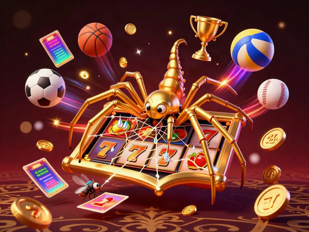 Engaging slot-themed illustration depicting a golden spider and croupier in a vibrant casino.