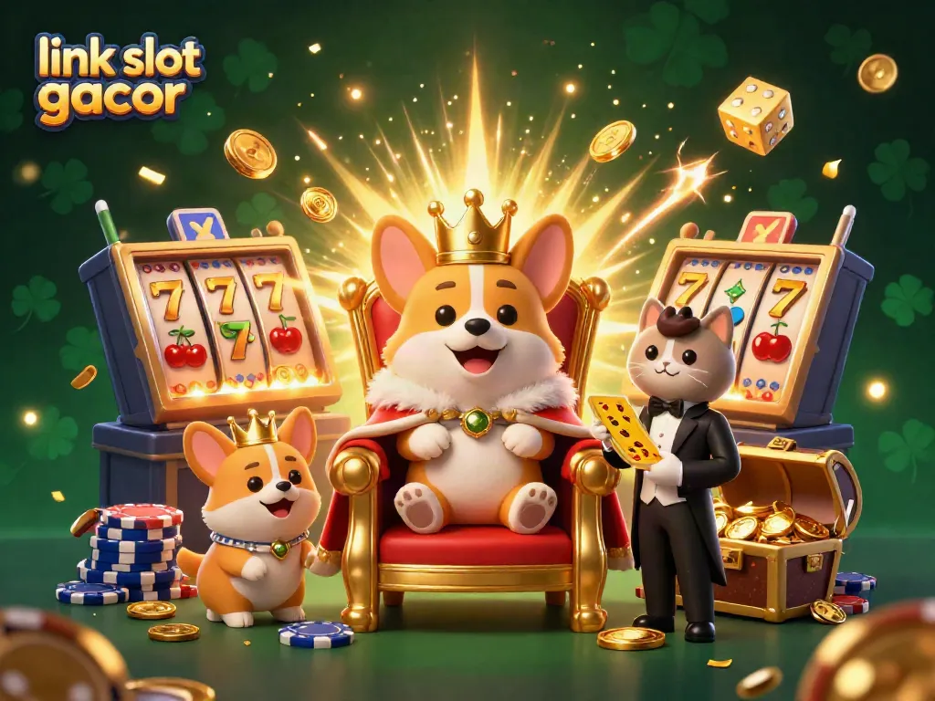 Menghadirkan link slot gacor dengan ilustrasi 3D kasino yang penuh warna, menampilkan corgi kerajaan dan mesin slot megah.
