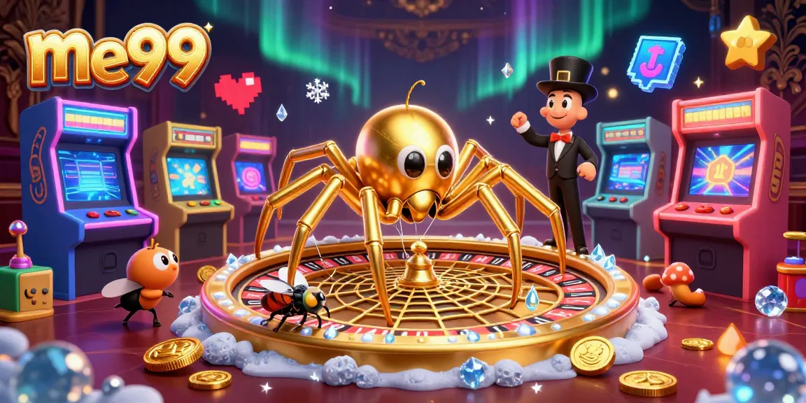 Bet on me99 casino with a dynamic 3D scene featuring a spider roulette wheel and centipede croupier.