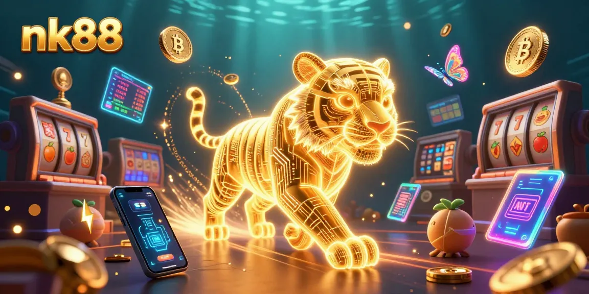 Engage with nk88 in a vibrant digital casino featuring a neon tiger and crypto themes.