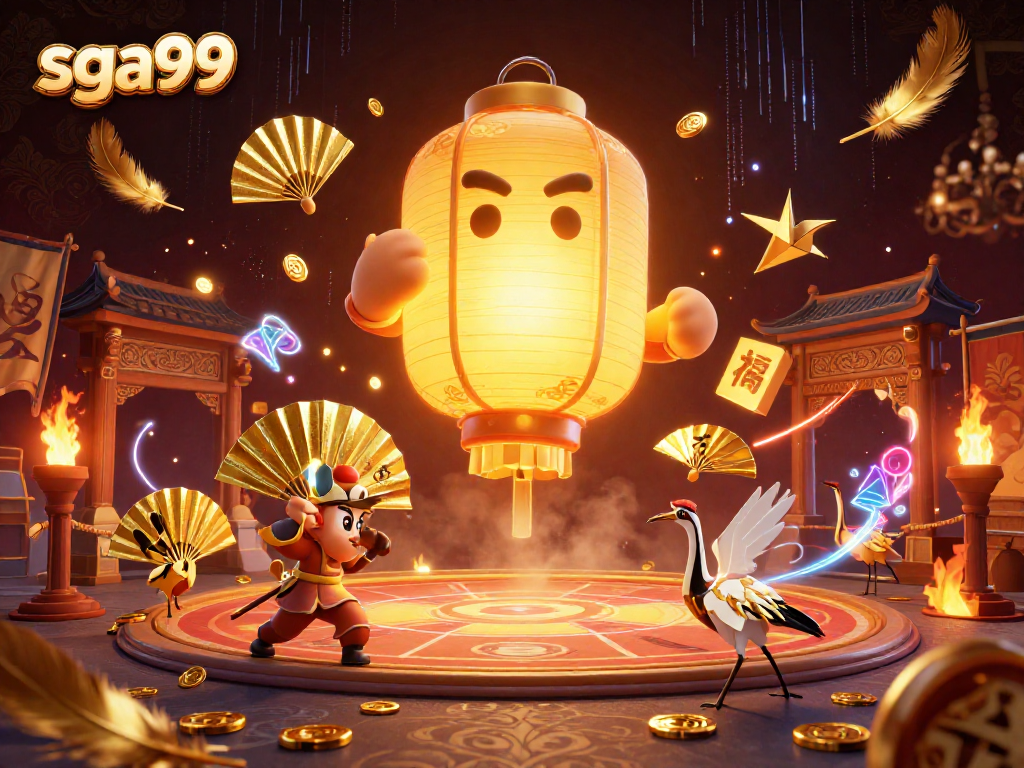 Experience exhilarating VIP gaming at sga99 with a glowing lantern spirit surrounded by winning symbols.