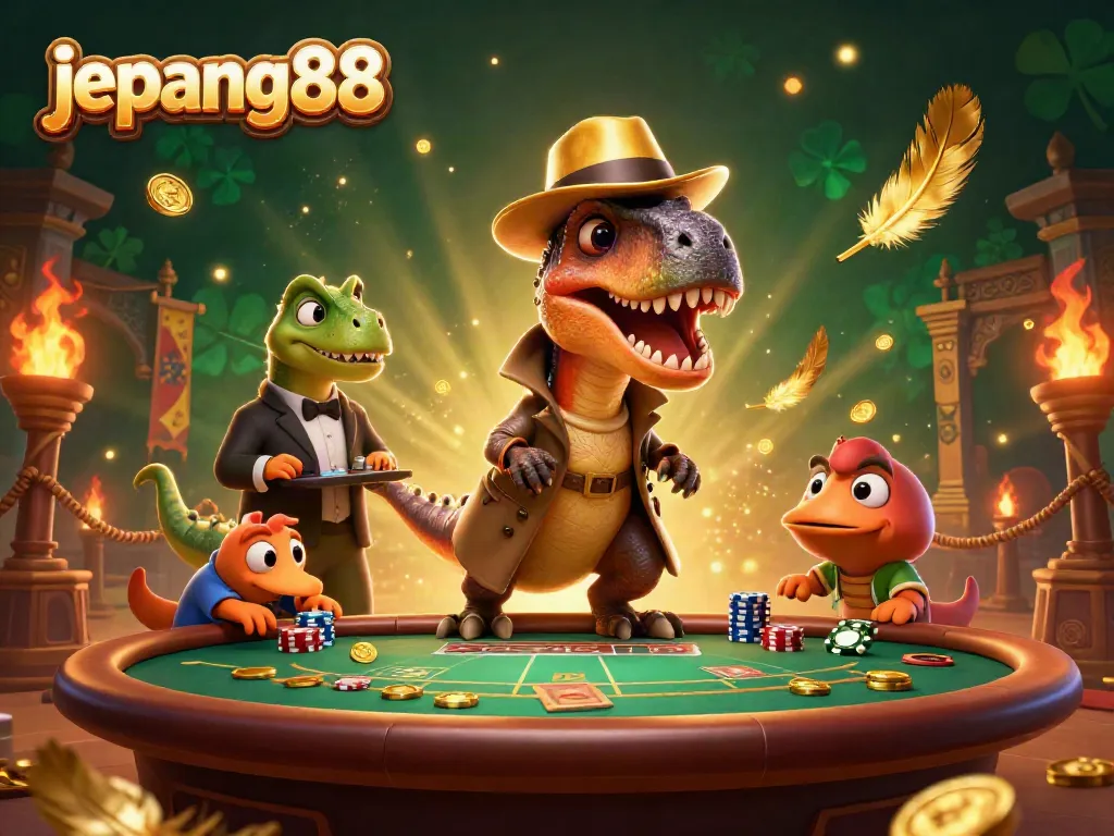 Experience thrilling gameplay at Jepang88 with a velociraptor card counter amidst a vibrant casino scene.