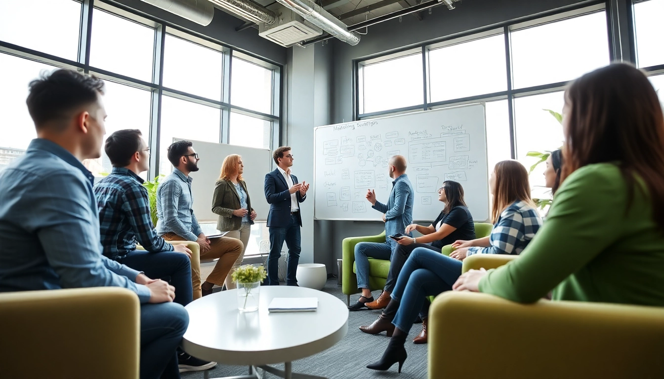 Digital marketing agency services team strategizing in a vibrant office space.