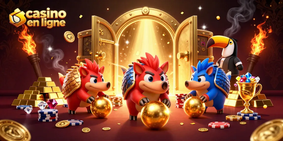 Découvrez le casino en ligne avec des pangolins d'animation collectant des jetons colorés et jouant joyeusement.