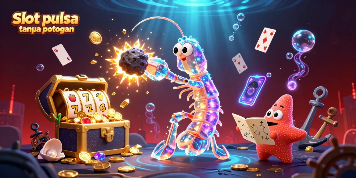 Visualisasi slot pulsa tanpa potongan dengan karakter berjudi di bawah laut, dikelilingi harta karun dan simbol slot menarik.