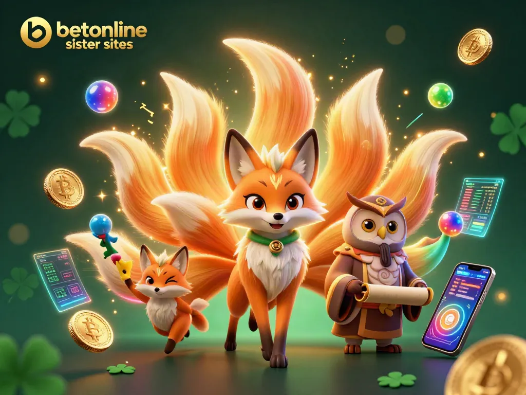 Engage with betonline sister sites through a vivid 3D casino illustration featuring magical characters and crypto elements.