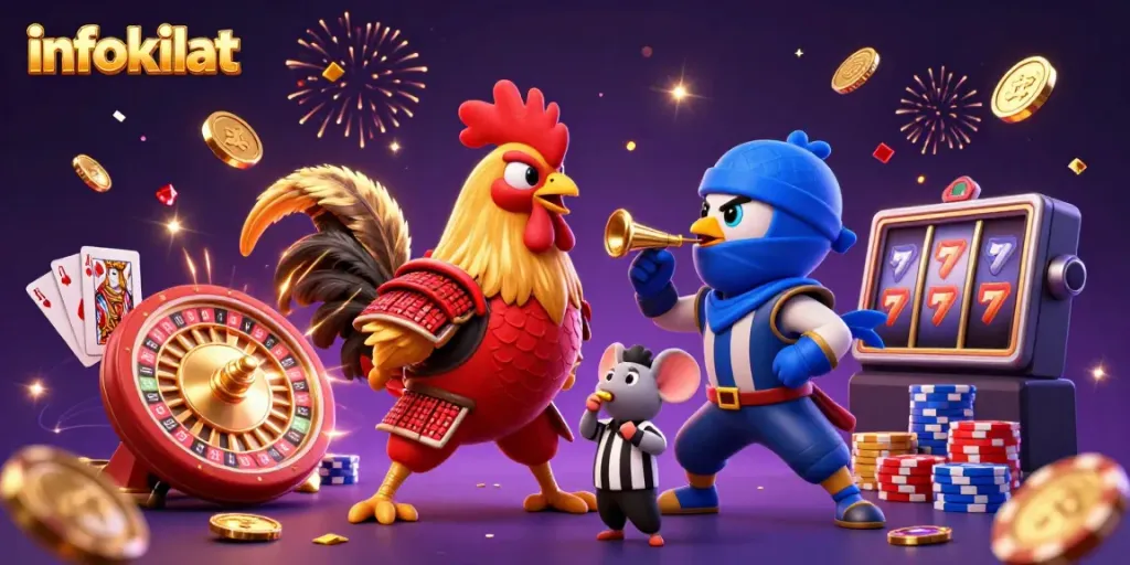 Engage with infokilat's thrilling gaming atmosphere featuring dynamic cartoon fighting roosters and casino elements.