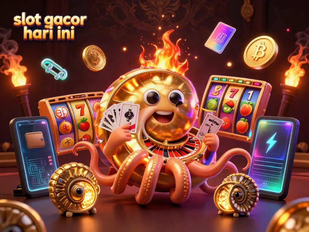 Slot gacor hari ini dengan simbol keberuntungan yang memikat dan roda roulette dalam ilustrasi 3D yang memukau.