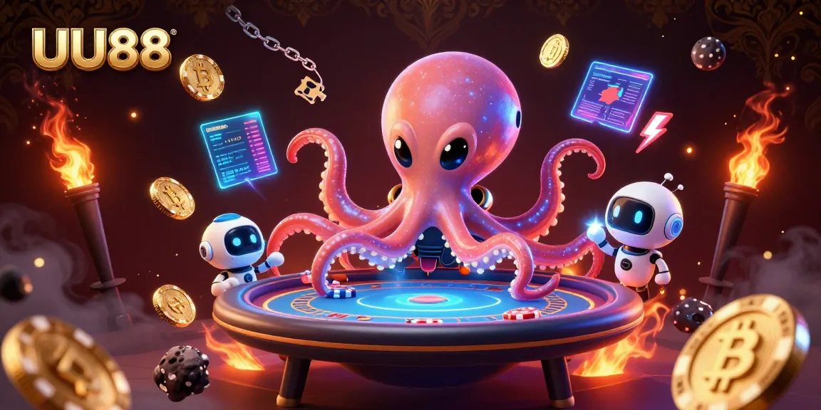Join the excitement at UU88, where a cartoon octopus and robot celebrate big wins at a virtual poker table.