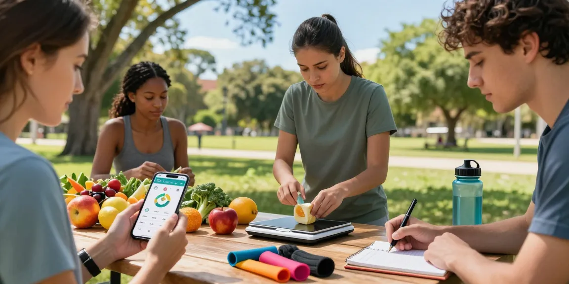 Community members use the best macro tracker apps outdoors, logging meals and discussing nutrition goals.