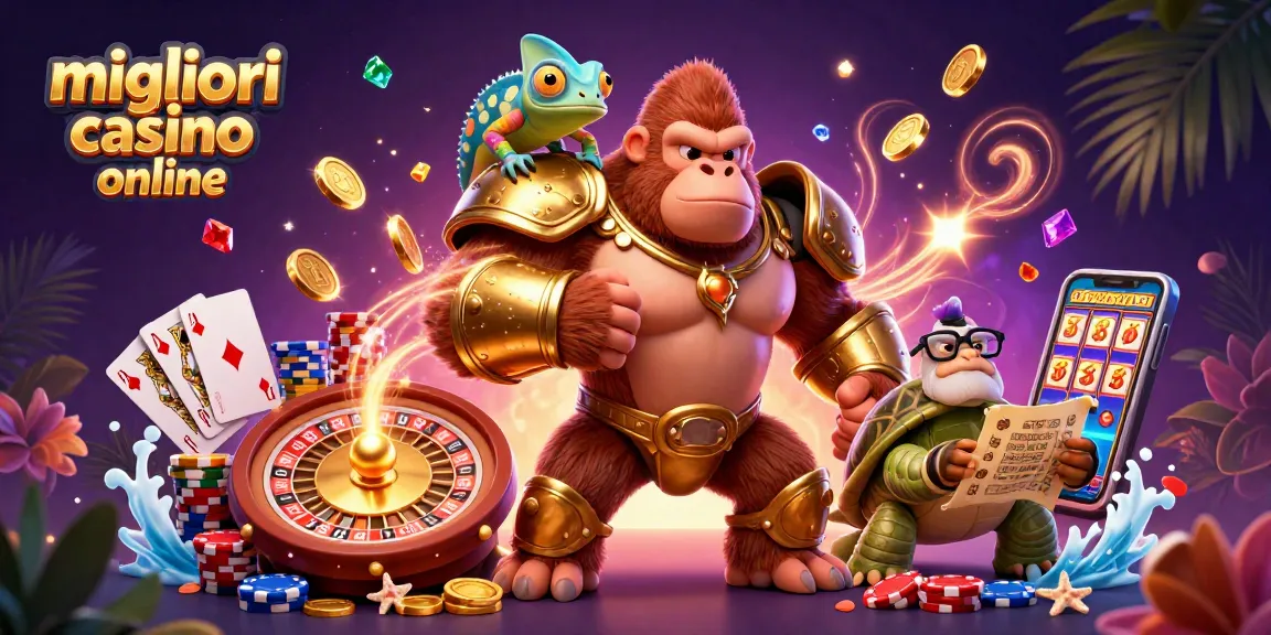 Scopri i migliori casino online con gorilla e tortuga in un'illustrazione vivace.