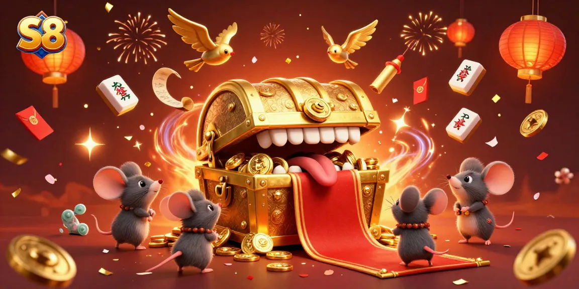 S8 Casino's thrilling adventure with treasure chest, glowing lanterns, and fireworks in a colorful celebration.