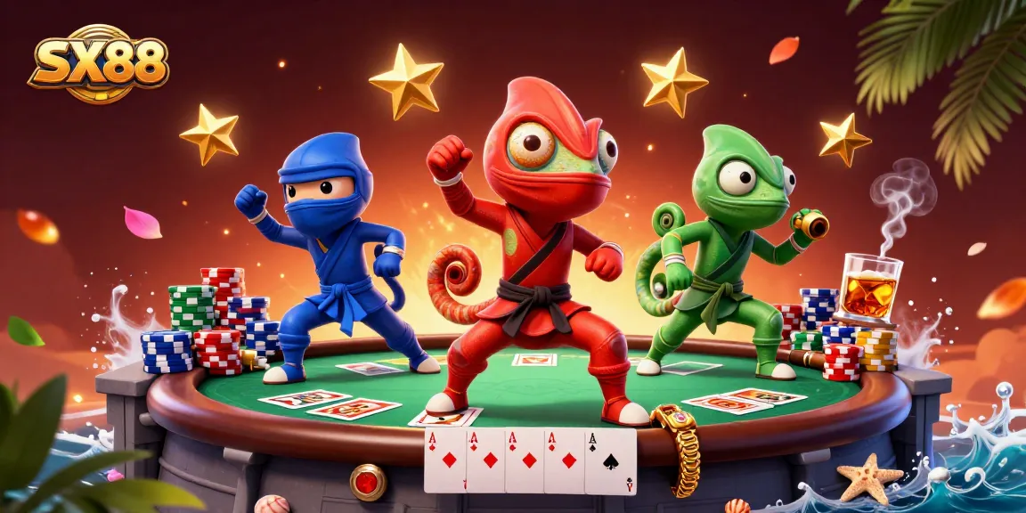 SX88 showcases ninja chameleons in martial poses amidst poker chips and cards, emphasizing action.