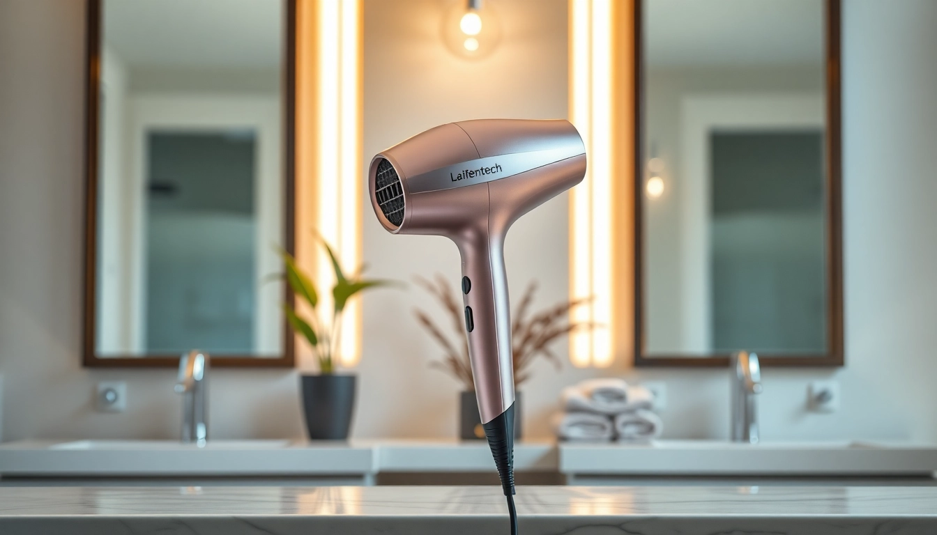 Laifentech high-speed hair dryer elegantly displayed in a modern bathroom setting.