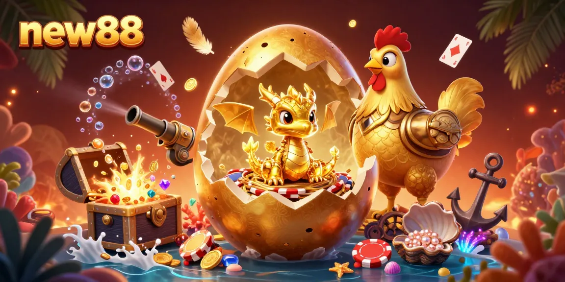 Experience the excitement of new88 with a dragon guarding golden poker chips in this vibrant illustration.