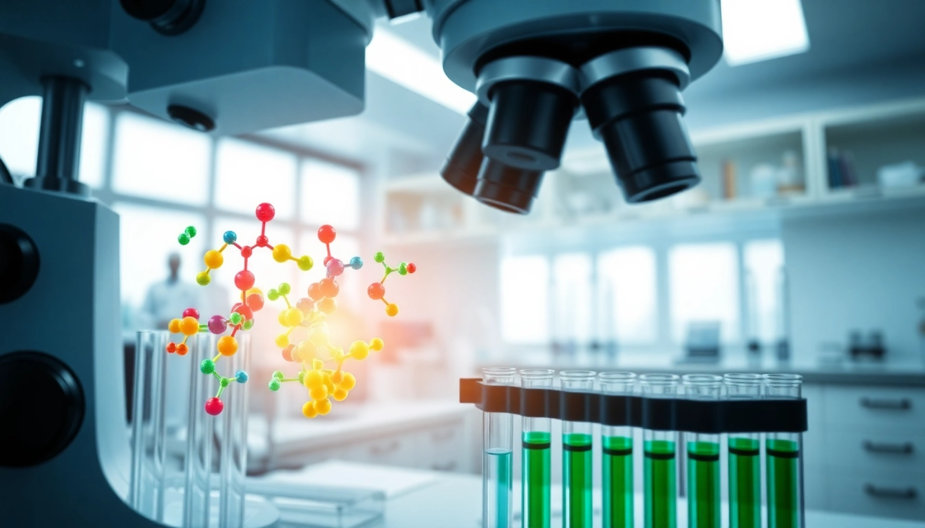 Examine high purity peptides for research in a modern lab setting with vibrant colors and scientific instruments.