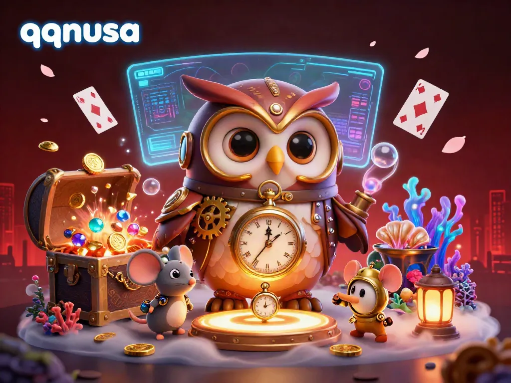 Engage with exciting casino adventures at qqnusa through a vibrant 3D illustration featuring a time-traveler owl.