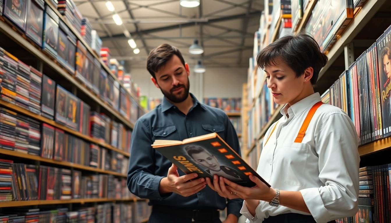 Showcasing a professional dvd distributor in an organized warehouse filled with colorful DVD titles.