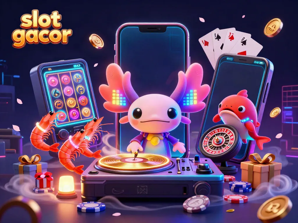 Experience vibrant slot gacor action with a neon-colored axolotl DJ spinning vibrant game elements.