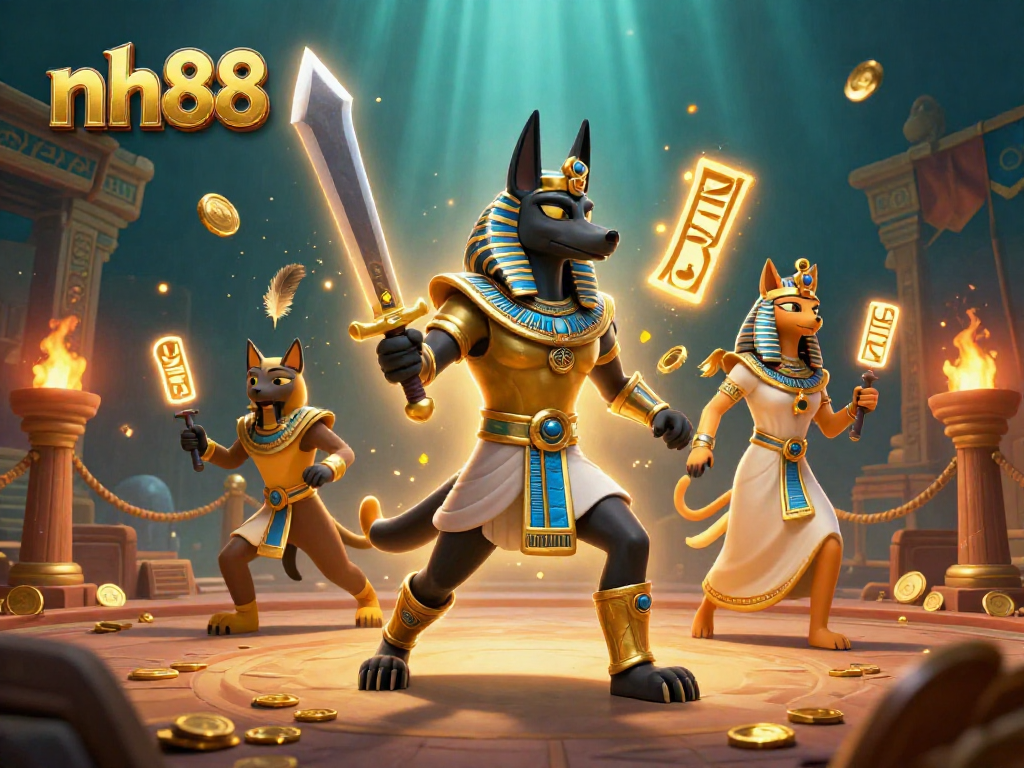 Engage with thrilling gambling experiences at nh88, showcasing an ancient Egyptian themed casino scene with vivid characters.
