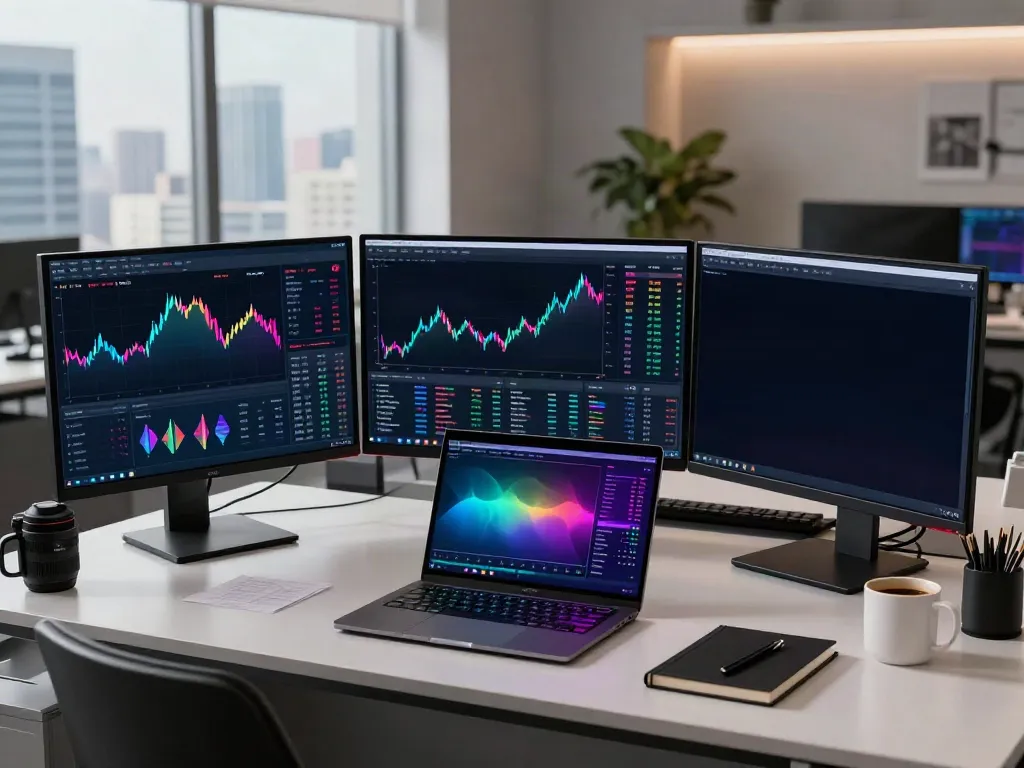 股票数据接口 in a cryptocurrency trading setup with real-time stock charts, digital assets, and DeFi tools in a professional office environment.