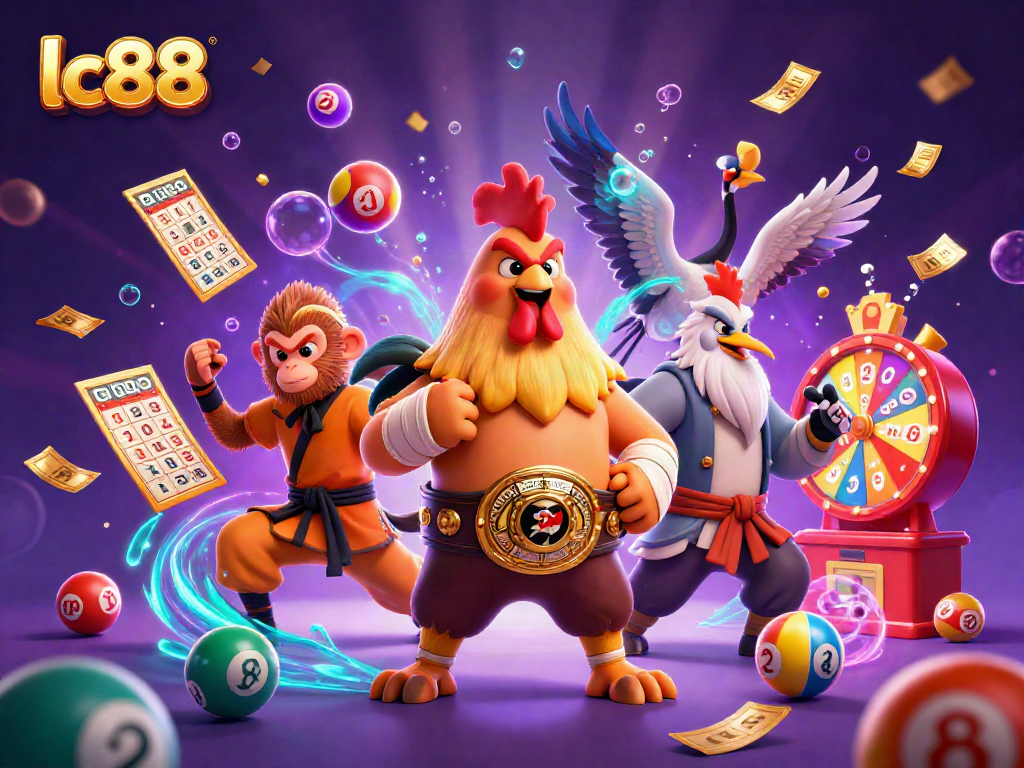 Spin to win with lc88’s vibrant illustration featuring a Muay Thai rooster and gaming elements.