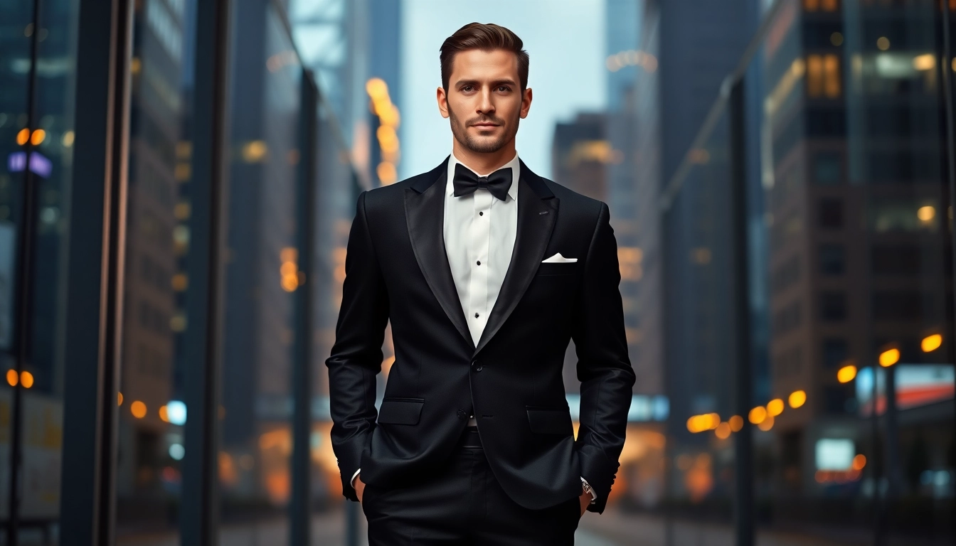 Man showcasing stylish men's black formal attire in a sophisticated urban setting.