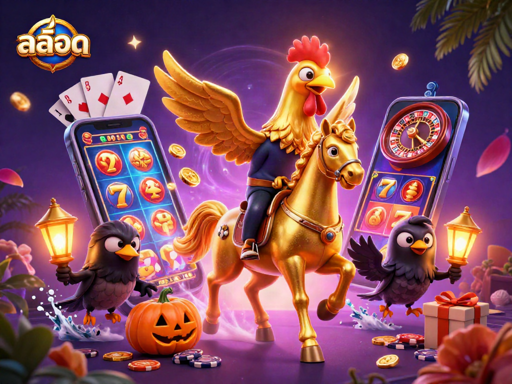 Engage with สล็อต slots through a vivid 3D scene featuring a rooster and casino elements.