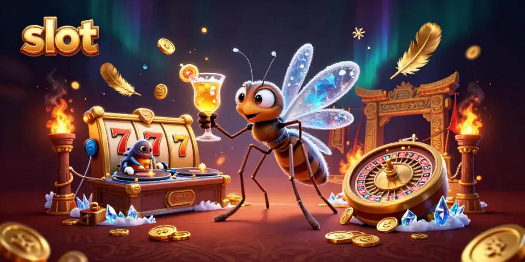 Mendapatkan jackpot dalam permainan slot dengan simbol beruntung dan koin emas. Ilustrasi kasino yang hidup.